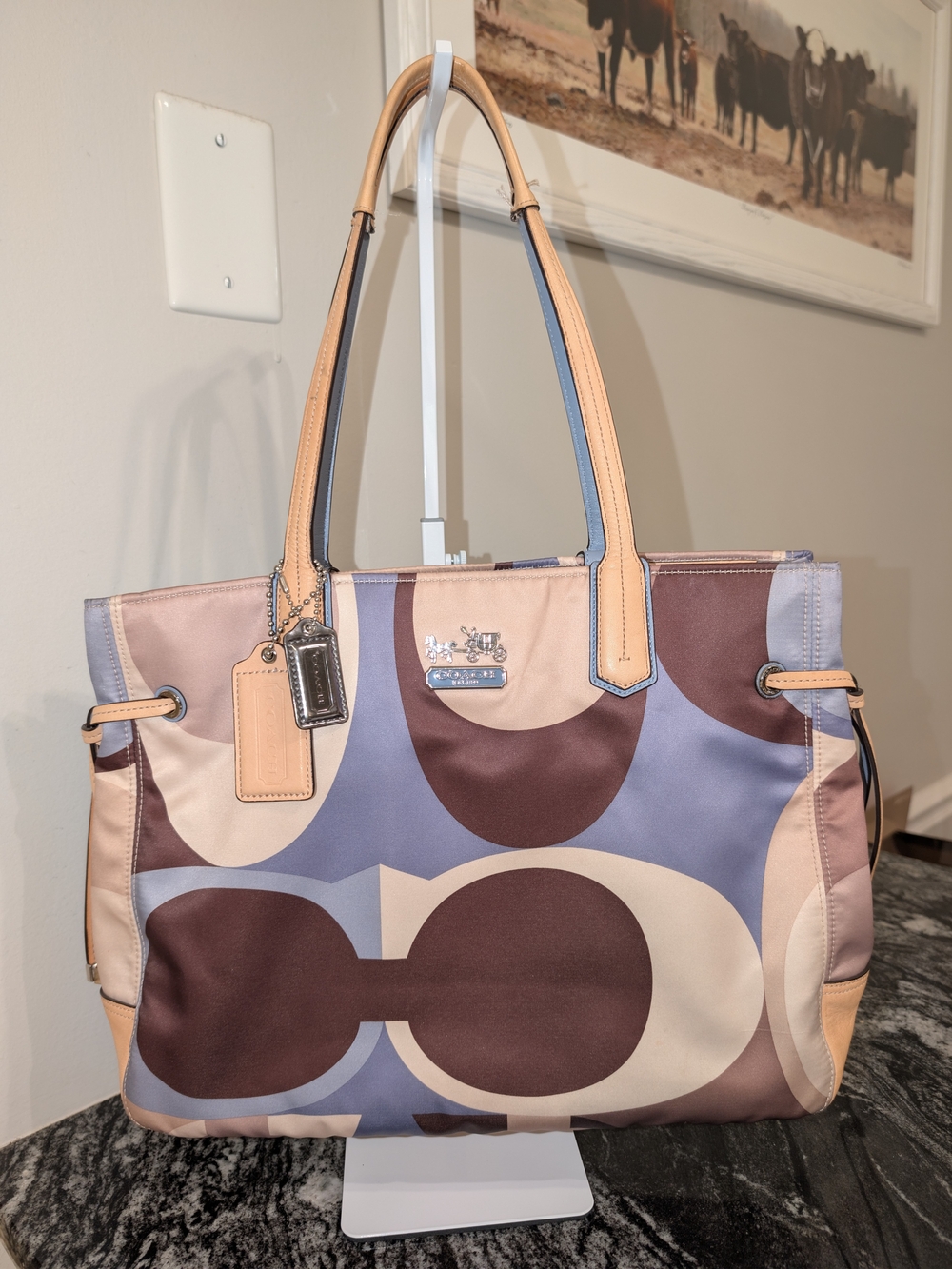 Coach Chelsea Signature Scarf Print Charlie Tote Blue Tan Brown Sateen 18970